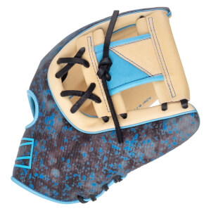 Top-down view of a baseball glove with a speckled blue and black exterior, tan interior, and black lacing.