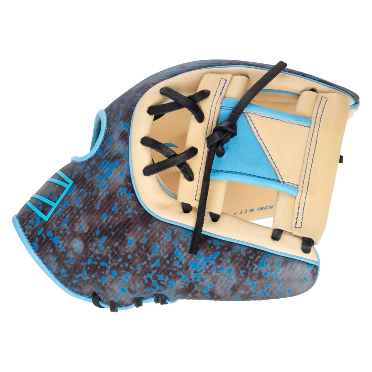 Side view of a baseball glove with a speckled blue and gray exterior, tan interior, and black lacing.