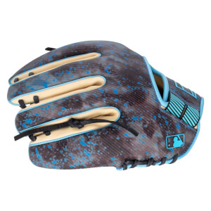 Side view of a baseball glove with a speckled blue and gray design, tan interior, and MLB logo.