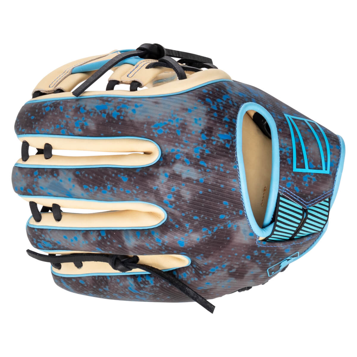 Side view of a baseball glove with a speckled blue and grey pattern, tan leather accents, and blue trim.