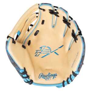 Top-down view of a tan baseball glove with blue trim, black lacing, and "Rawlings" logo.
