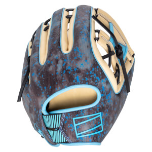 Top-down view of a baseball glove with a speckled blue and black pattern, tan leather accents, and blue trim.