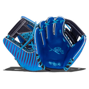 Front view of a blue baseball glove with purple and blue stripes, and a "Rawlings" logo.