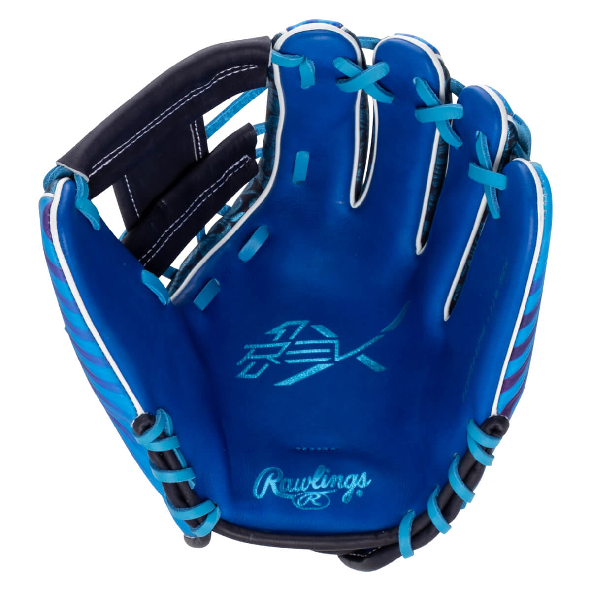 Front view of a blue baseball glove with light blue laces, a Rawlings logo, and a stylized RDX logo.