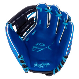 Front view of a blue baseball glove with light blue laces, a Rawlings logo, and a stylized RDX logo.