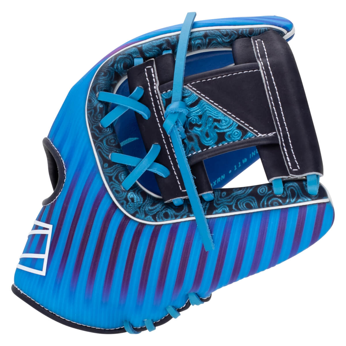 Side view of a blue and purple striped baseball glove with black accents and blue lacing.