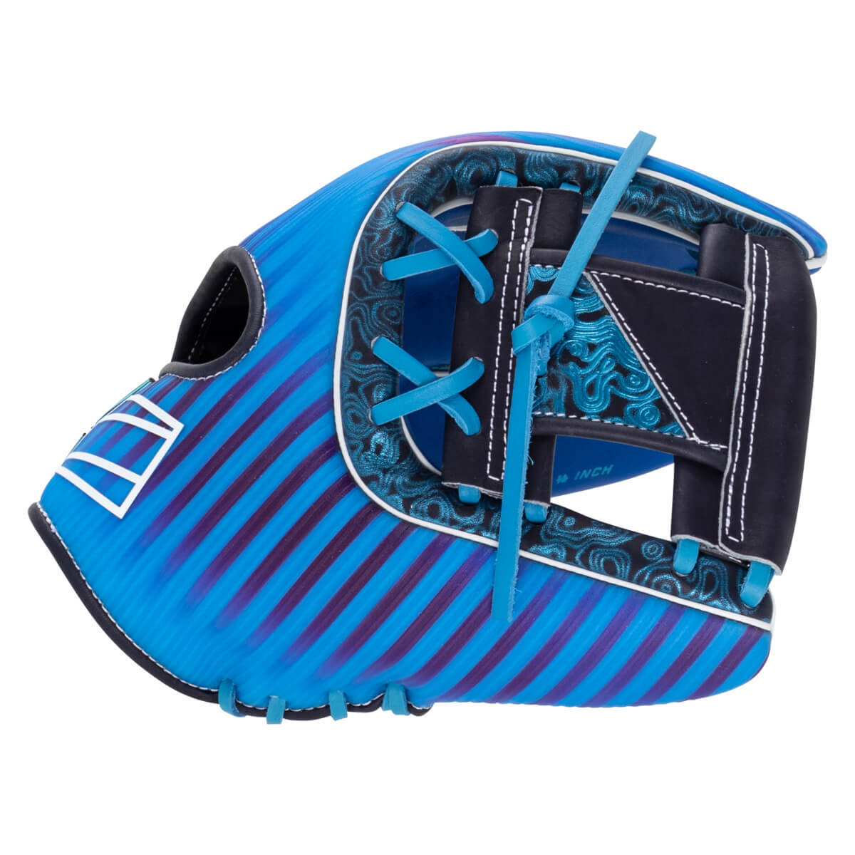 Side view of a blue and purple striped baseball glove with ornate blue detailing and white stitching.