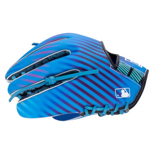 Side view of a blue baseball glove with purple stripes, a white MLB logo, and black and blue patterned lining.