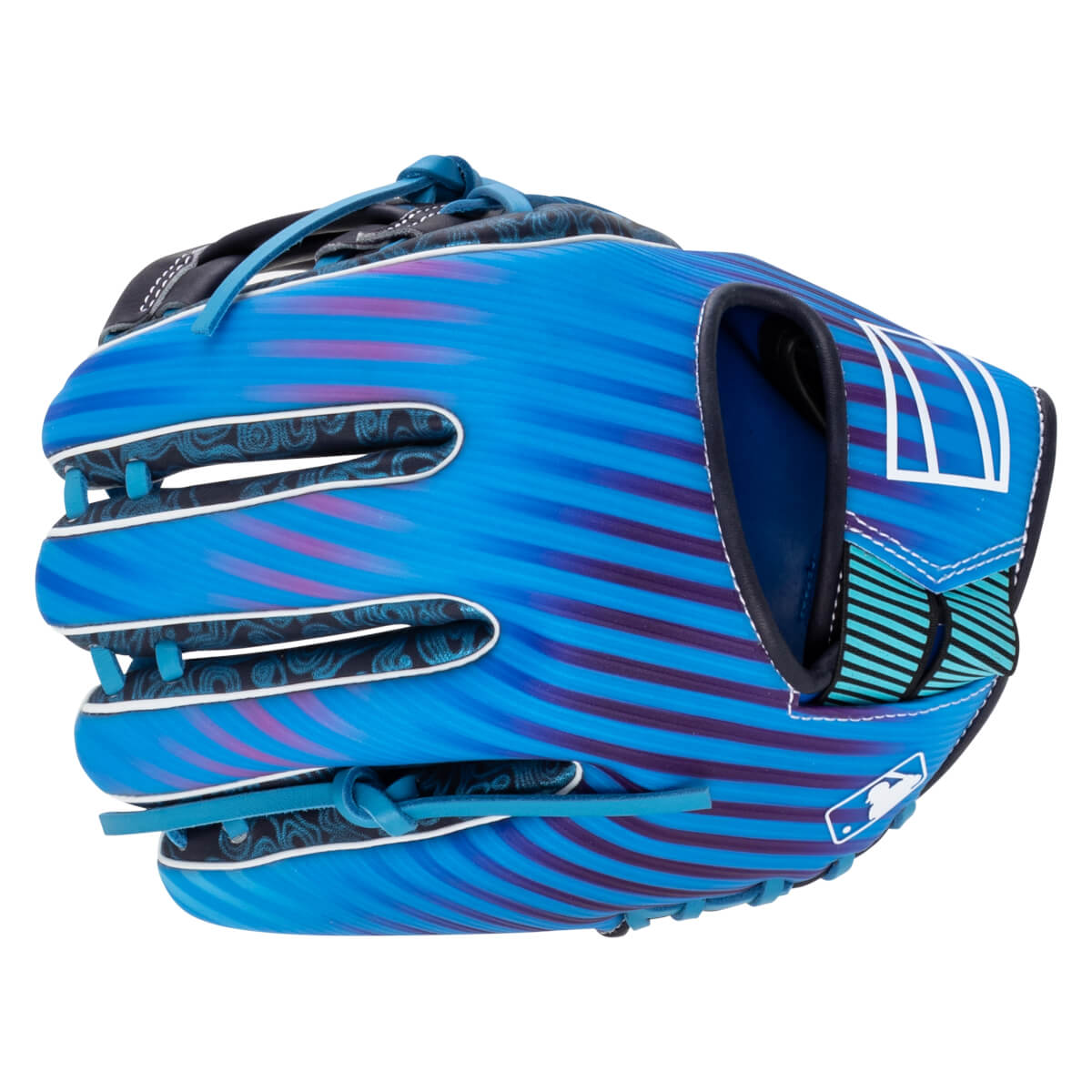 Front view of a blue baseball glove with purple stripes, a white MLB logo, and a black patterned lining.