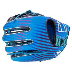 Front view of a blue baseball glove with purple stripes, a white MLB logo, and a black patterned lining.