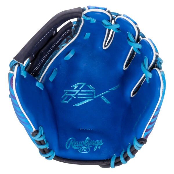 Top-down view of a blue baseball glove with a silver "REX" logo and "Rawlings" script.