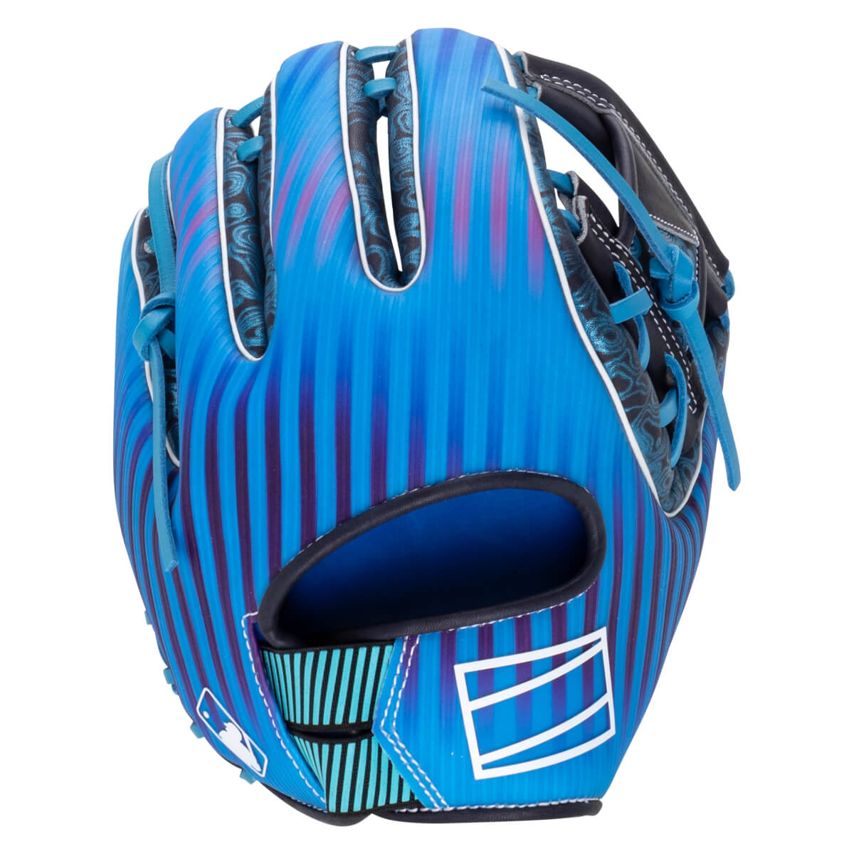 Front view of a blue baseball glove with purple stripes, a white MLB logo, and a white rectangular design.
