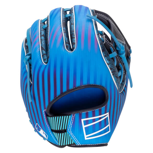 Front view of a blue baseball glove with purple stripes, a white MLB logo, and a white rectangular design.