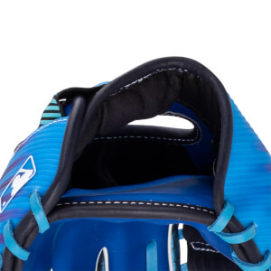 Close-up of a blue baseball glove showing the MLB logo, striped fabric, and white stitching.