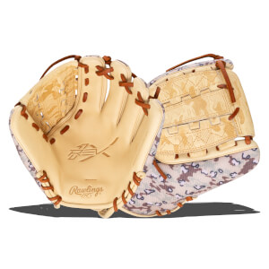 Front view of a tan baseball glove with a digital camouflage pattern on the cuff and embossed Rawlings and R logos.