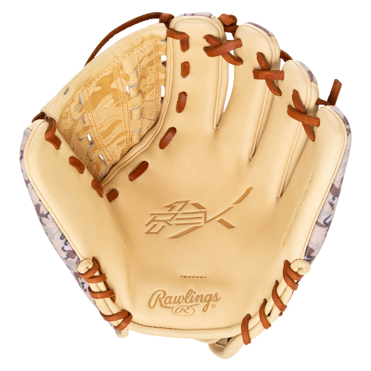 Top-down view of a Rawlings baseball glove with tan leather, a camouflage lining, and embossed logos.