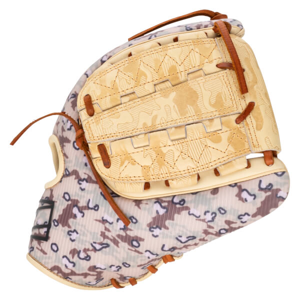 Top-down view of a baseball glove with a tan camouflage pattern and tan leather lacing.
