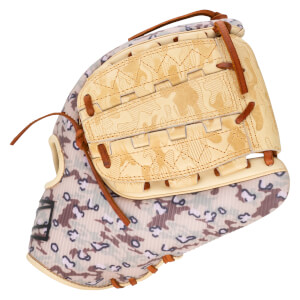 Top-down view of a baseball glove with a tan camouflage pattern and tan leather lacing.