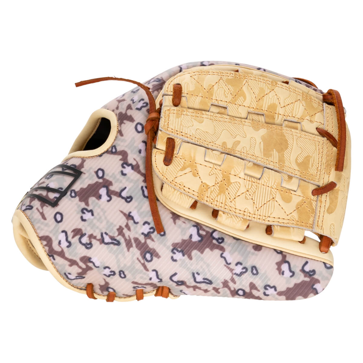 Side view of a baseball glove with a tan camouflage pattern and textured tan leather pocket.