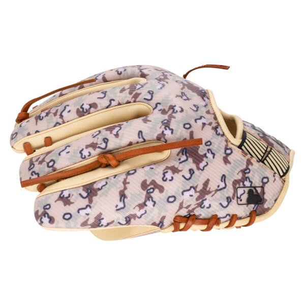 Side view of a baseball glove with a camouflage pattern, tan leather accents, and an MLB logo.