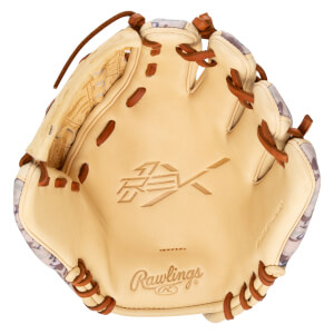 Top-down view of a Rawlings baseball glove with a camouflage pattern on the cuff and the Rawlings logo embossed on the palm.