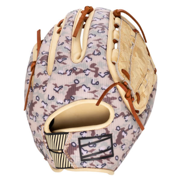 Front view of a baseball glove with a camouflage pattern, tan leather accents, and a black logo.