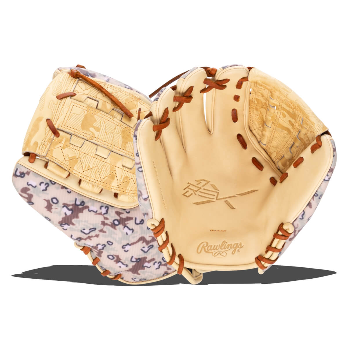 Top-down view of two baseball gloves with tan leather and camouflage accents, showing the Rawlings logo.