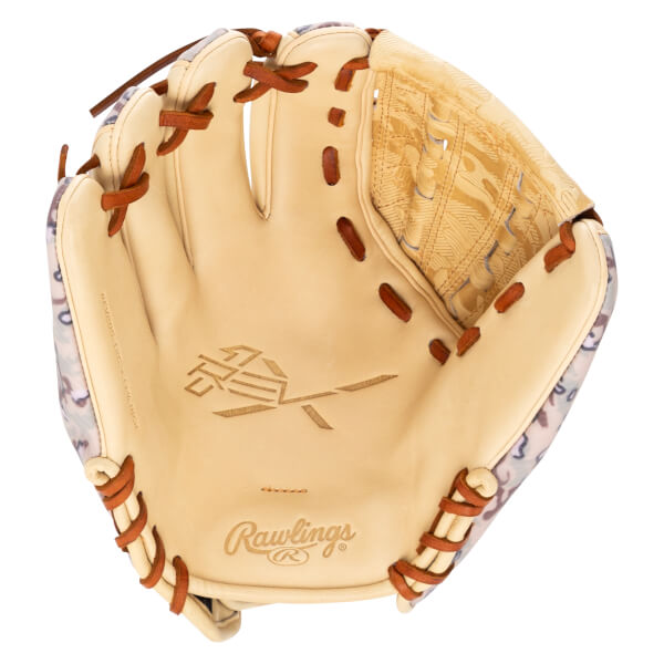 Top-down view of a tan baseball glove with a camouflage pattern on the cuff, a debossed "Rawlings" logo, and a geometric design on the palm.