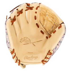 Top-down view of a tan baseball glove with a camouflage pattern on the cuff, a debossed "Rawlings" logo, and a geometric design on the palm.