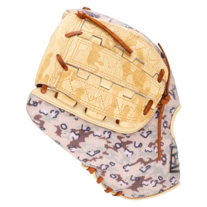 Top-down view of a baseball glove with a tan palm and a camouflage pattern on the back.