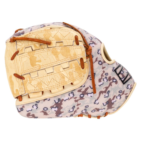 Side view of a baseball glove with a camouflage pattern and tan leather lacing.