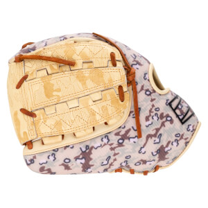 Side view of a baseball glove with a camouflage pattern and tan leather lacing.