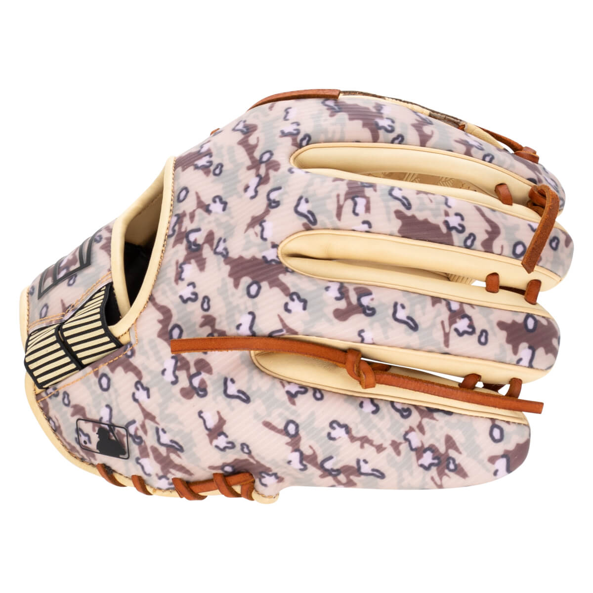 Side view of a baseball glove with a camouflage pattern, tan leather accents, and an MLB logo.