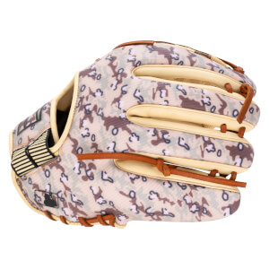 Side view of a baseball glove with a camouflage pattern, tan leather accents, and an MLB logo.