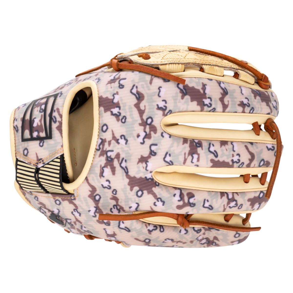 Side view of a baseball glove with a camouflage pattern, tan leather accents, and a black rectangular logo.