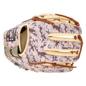 Side view of a baseball glove with a camouflage pattern, tan leather accents, and a black rectangular logo.