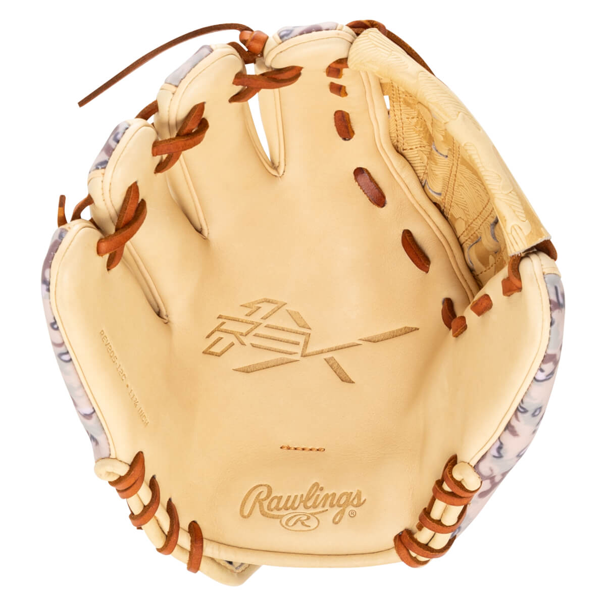 Top-down view of a tan baseball glove with a camouflage pattern on the cuff and the Rawlings logo.