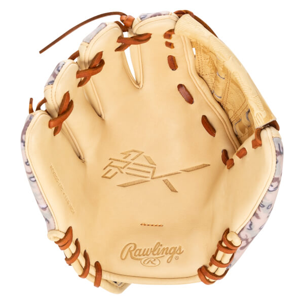 Top-down view of a tan baseball glove with a camouflage pattern on the cuff and the Rawlings logo.