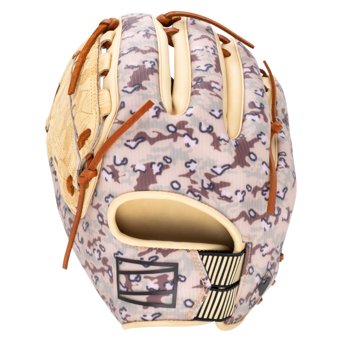 Front view of a baseball glove with a camouflage pattern, tan leather accents, and black and yellow striped wrist strap.
