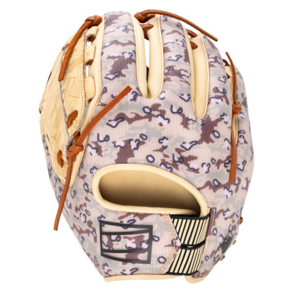 Front view of a baseball glove with a camouflage pattern, tan leather accents, and black and yellow striped wrist strap.