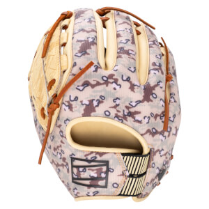 Front view of a baseball glove with a camouflage pattern, tan leather accents, and black and yellow striped wrist strap.