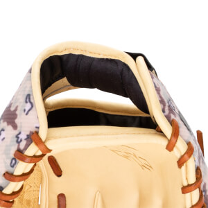 Close-up of a baseball glove showing tan leather lacing and a camouflage pattern.