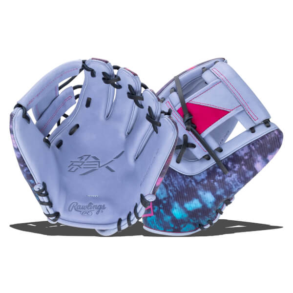 Front view of a light purple baseball glove with black lacing, a pink accent, and a tie-dye pattern.