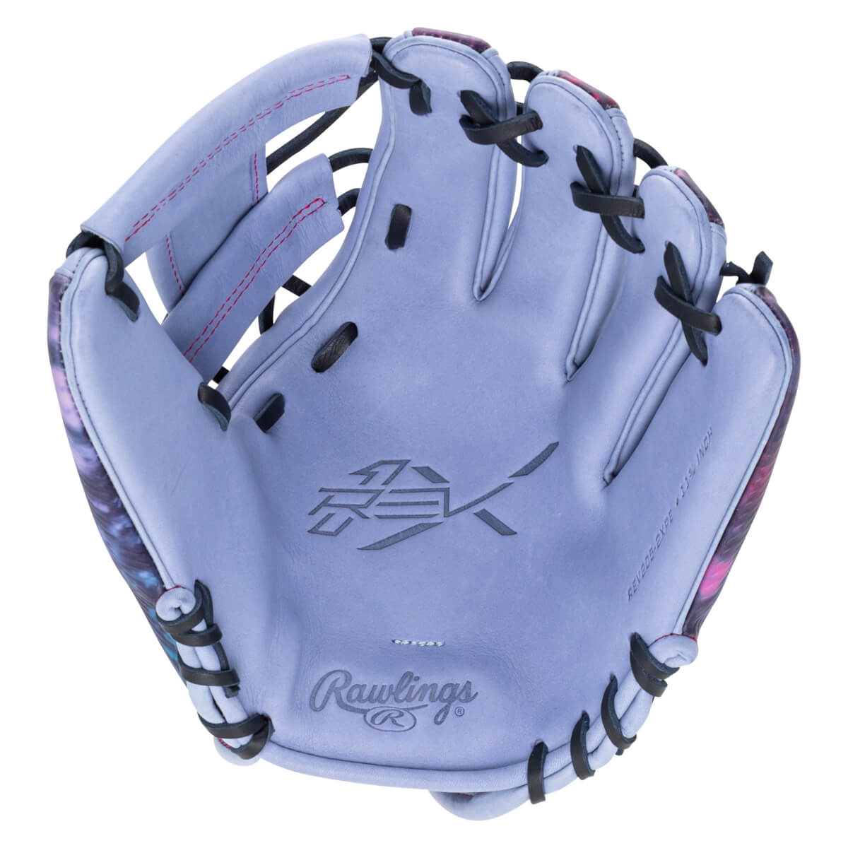Top-down view of a light purple baseball glove with black lacing, a colorful patterned interior, and "Rawlings" logo.