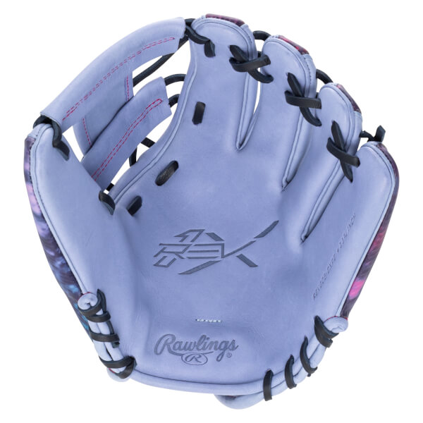 Top-down view of a light purple baseball glove with black lacing, a colorful patterned interior, and "Rawlings" logo.