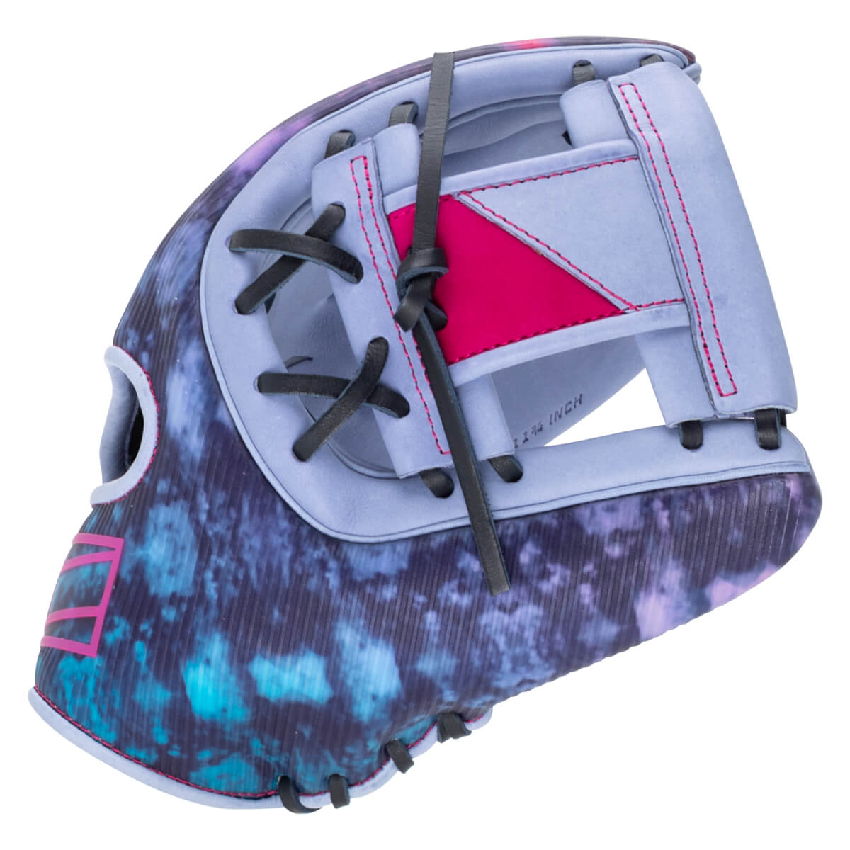 Side view of a baseball glove with a galaxy print, pink stitching, and black laces.