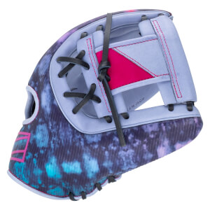 Side view of a baseball glove with a galaxy print, pink stitching, and black laces.