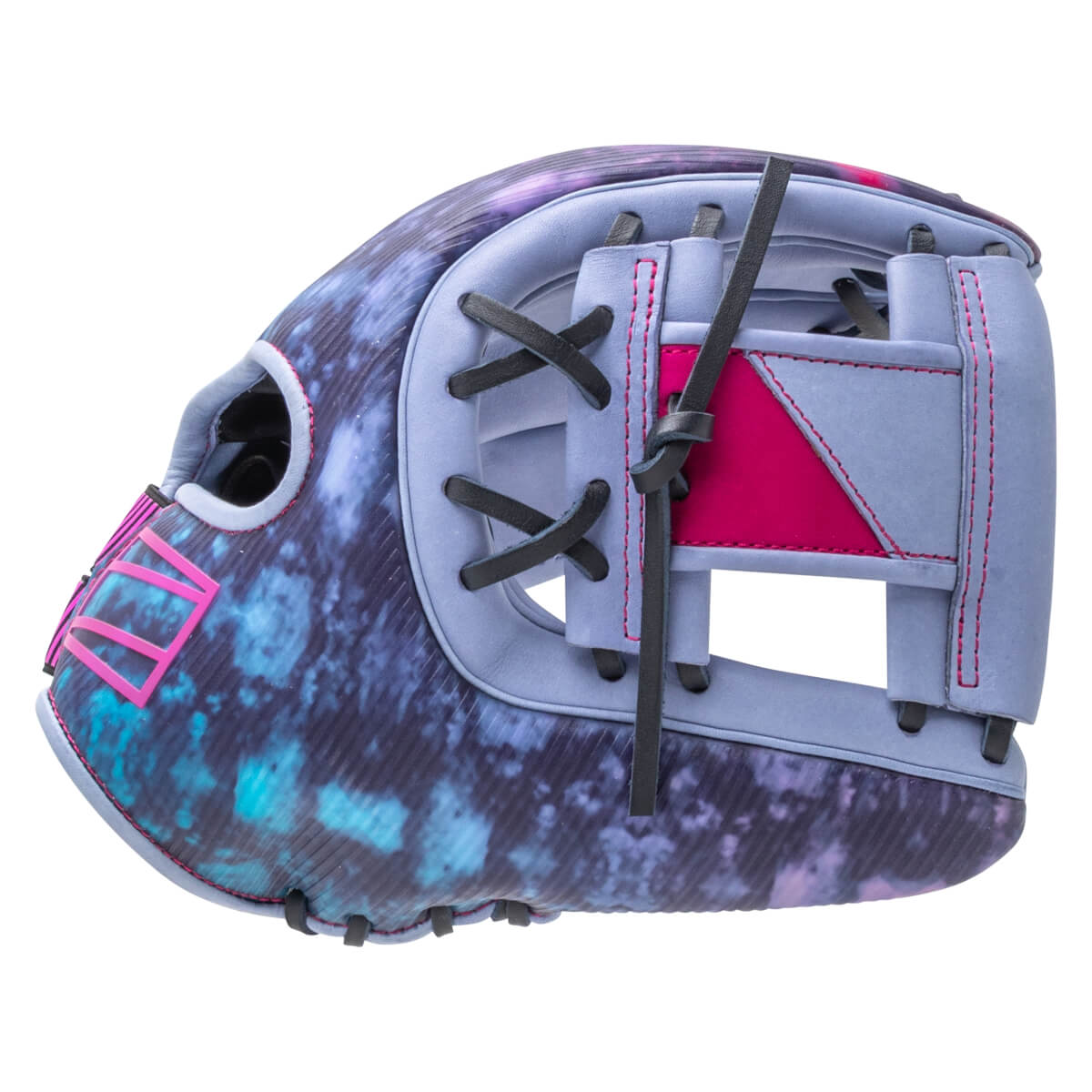Side view of a baseball glove with a purple and blue tie-dye pattern, pink accents, and black lacing.