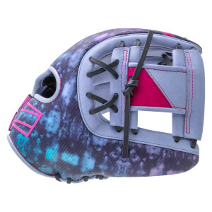 Side view of a baseball glove with a purple and blue tie-dye pattern, pink accents, and black lacing.