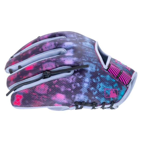 Side view of a baseball glove with a galaxy print, pink MLB logo, and ribbed texture.